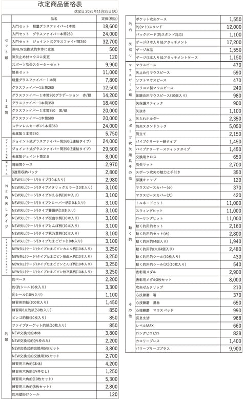 【大切なお知らせ】弊社スポーツ吹矢用具改定商品価格のご報告～スポーツ吹矢用具販売のビックサクセス～